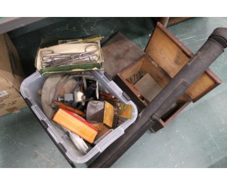 Box of window latches, smoke alarms, scissors, rod tube, scales and show cleaning box 