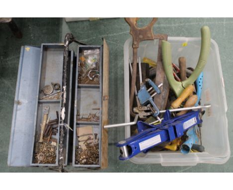 Metal toolbox with contents and a box of various tools - Draper 1.5 tonne scissor jack etc