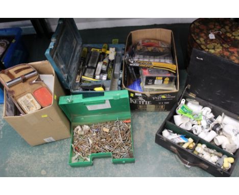 Collection of tools, plumbing fittings, screws, drill bits, rope etc