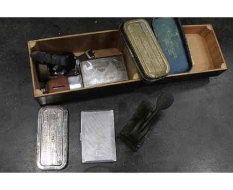 Hip flask, rolls, razors, cigarette boxes, address stamp etc 