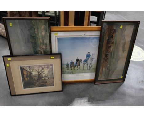 Two landscape prints, street scene and a Liz Gwyther Limited Edition print "One man" famous steeplechaser trained by Gordon R