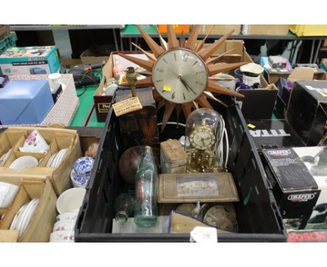 Lamp, perpetual clock, vintage bottles, tins and wall clock  