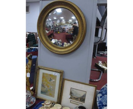 XX Century Gilt Circular Convex Mirror, with egg and dart decoration, plus a Baxter print and watercolor (3)