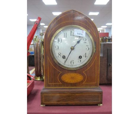 Edwardian Inlaid Rosewood Arch Cased Mantel Clock with batwing cartouche, German eight day movement, 33cm high.CLOCK IS NOT W