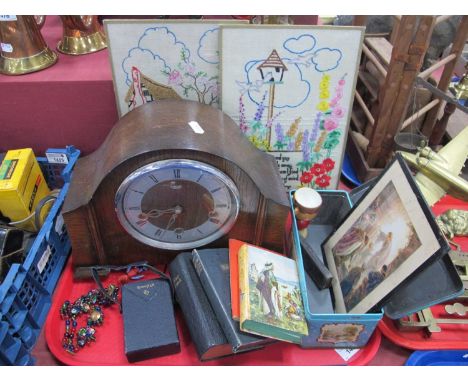 Smiths Oak Mantle Clock, necklace, bibles, needleworks, print, Noddy car plus figure, egg cup:- One Tray.