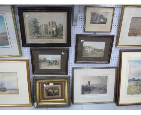 Two Hunting Scene Photographs, a convex equestrian photograph on glass, two engravings, and lithograph. (6).