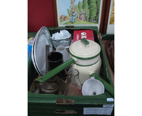 XIX Century Brass Saucepan, Judge enamel saucepans Oxo tins, etc, Wedgwood tureens, plates etc:- One Box