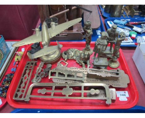 Brass Aeroplane, mounted on a circular base, brass inkwell in the form of a dog, Sovereign scales, Dickens figures, etc;