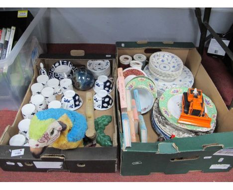 Crown Derby Unfinished Table China, Myott, Standard and other ceramics, fur real parrot, diecast toys, etc:- Two Boxes