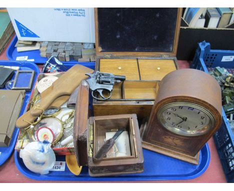 Early XX Century Oak Inlaid Mantel Clock, XIX Century oak work box, XIX Century butter pats, love spoons, cap gun, etc:- One 