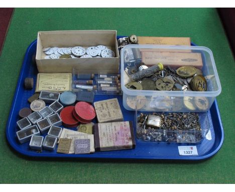 Old Watchmaker's Parts, including enamel dials, boxed 'gilt' buttons, boxes, mainsprings, etc:- One Tray