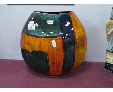 Poole Pottery Gemstone Purse Vase, decorated in typical vibrant colours on red ground 24cm high.
