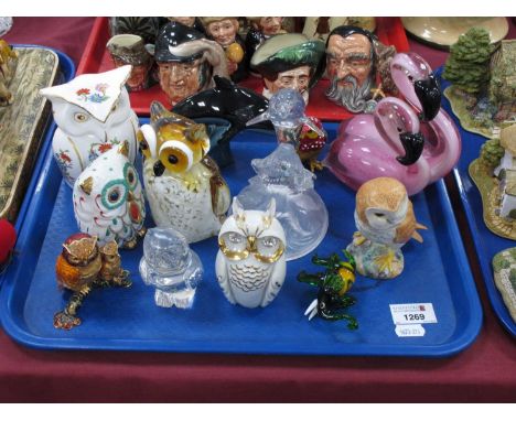 Beswick Figure of an Owl, Poole figure of a Dolphin, glass figure of an owl, Aynsle owl, etc:- One Tray.