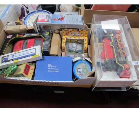 Anso Ferrari, microscope, West Thunderbirds, two clock, etc:- One Box and train in plastic desplay.