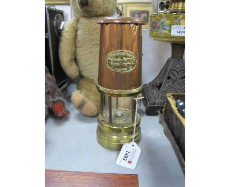 Miners Lamp 'Ferndale Coal', in copper and brass, 22cm high with handle down.
