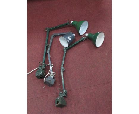 Industrial Lighting, green enamel angle poise, possibly for lathe machinist another in grey (3).