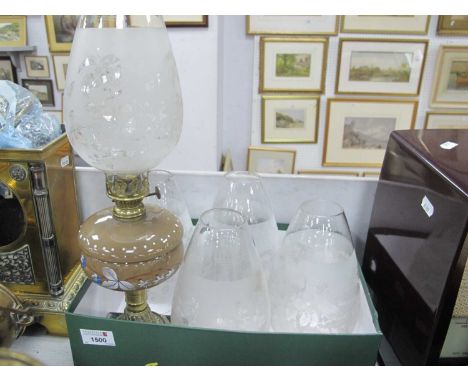Early XX Century Brass Oil Lamp, with overlaid tan glass well on iron, 11.5cm square base, five extra fireproof shades.