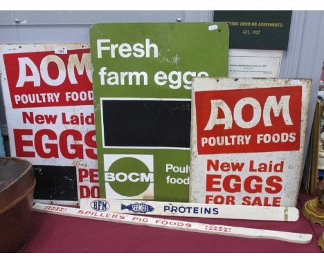 Three Farm Related Enamel Signs, AOM Poultry Foods New Laid Eggs for Sale, Fresh Farm Eggs BOCM Poultry /foods, together with