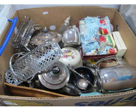 A large quantity of silver plate items to include boxed serving spoon and knife with hallmarked silver handles, teapots, jugs