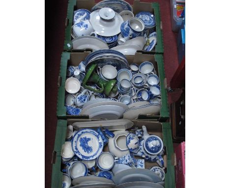 Blue White Willow, plates, bowls, cup-saucers, etc, teapot, etc:- Three Boxes.