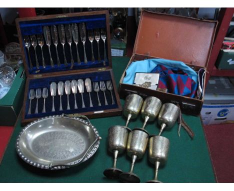 Masonic Silver Gilt Medal, aprons, sash, booklets in case, oak canteen of fish kinves and forks, goblets, basket.