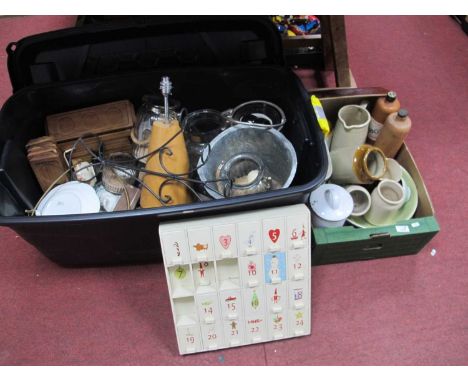 Stoneware Jars, bottles, wooden stands, metal ware, lamp, etc:- Two Boxes.