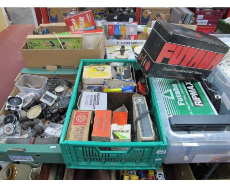 Three Boxes Containing a halogen projector and flash. Philips car air cleaner, Bakelite light switches, spanners, and a Futab