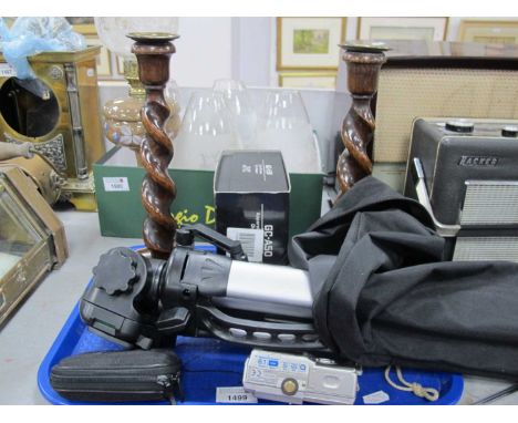 JVC GC-A50 Digital Camera. Olympus and Praktica examples, tripod, pair of oak barley twist candlesticks