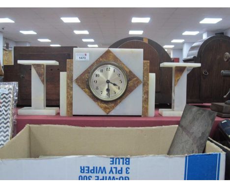 Art Deco Marble Clock Garniture Set, with stepped sides, circular dial (glass missing), Arabic No's, together with a pair of 