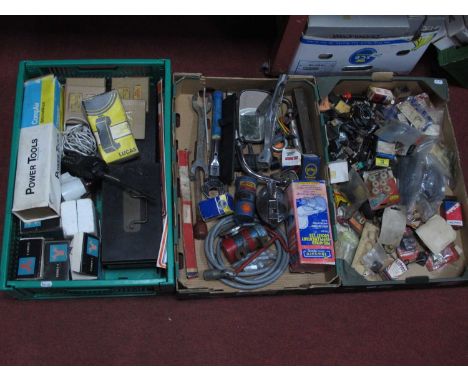 Three Boxes of Spare Car Parts such as auto lights, rearview mirrors, spark plugs and tools, ie spanners, and comp air power 