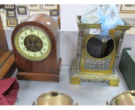 A wooden mantel clock marked 'medaille d'argent 1855' with visual movement from front face 28cm h, along with another brass m