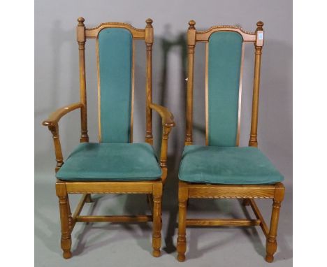 Ercol; a set of eight oak and ash high back dining chairs with teal upholstery, to include two carvers, (8). 