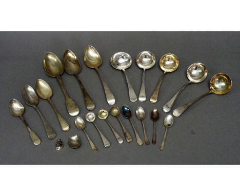 Silver table flatware, comprising a pair of feather edged Old English pattern sauce ladles, London 1790, a pair of Old Englis