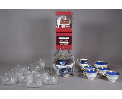 Ceramics, including; a pair of Villeroy &amp; Boch ceramic house models, assorted tea wares and a blue and white lidded biscu