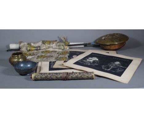 Collectables, including; A bed pan warmer, a textile sheet with flowers, a Kraak style porcelain blue and white small dish pa