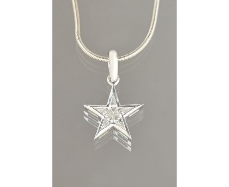 A white gold and diamond set pendant, designed as a five pointed star, mounted with five kite shaped diamonds, detailed 18 K,