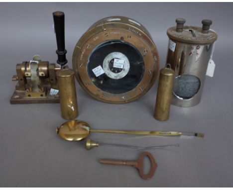 A WWI  0.2.A brass cased gimble compass, 16.5cm dia, two brass clock weights, key &amp; pendulum and a Hartmann &amp; Braun e
