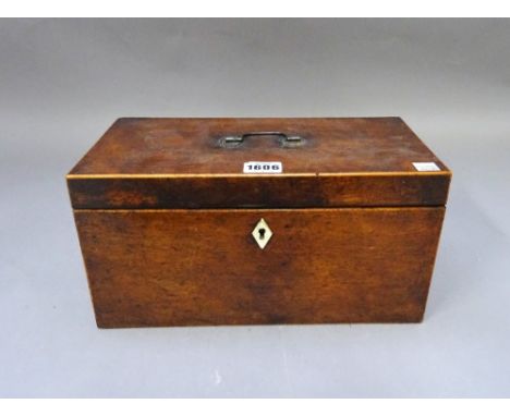 A George IV rectangular inlaid mahogany tea caddy, 31cm wide x 15cm high, together with a Victorian circular rosewood footsto