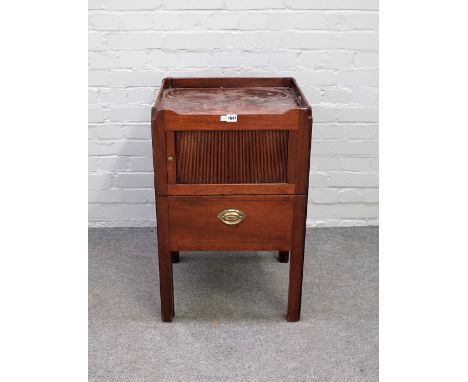 A George III mahogany tray top commode, with tambour cupboard over drawer, 50cm wide x 78cm high.