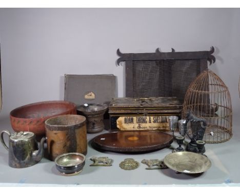 Collectables, including, a cast iron fire screen, 60cm wide x 40cm high, an early 20th century metal lock box, 37cm wide x 14