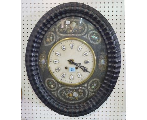 A Continental two train wall clock, early 20th century, with enamel set alabaster dial, mother-of-pearl inlaid foliate border