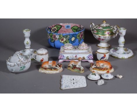 Ceramics, including; a pair of Herend porcelain candlesticks and a basket, three Staffordshire models of recumbent grey hound
