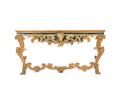 A mid-20th century painted pine and mirror console table in the Rococo style, 168cm wide x 82cm high x 50cm deep. 