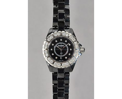 A Chanel J12 diamond dial black ceramic quartz watch H2000. Black ceramic case with a black ceramic bracelet. Unidirectional 