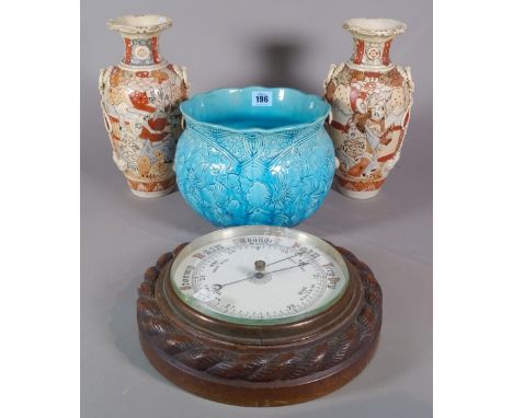 A Burmantofts faience jardiniere, 20cm high, a pair of Japanese Kutani ware vases, 29cm high and an oak cased aneroid wall ba