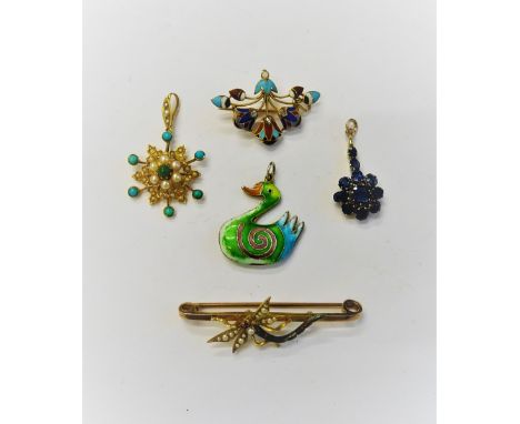 A gold, seed pearl and turquoise set pendant, a gold, rose diamond set and enamelled brooch, in the Egyptian revival taste, a