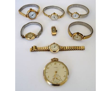 Six 9ct gold cased lady's wristwatches, including; a rectangular cased wristwatch, import mark London 1933, Bentima Star, Rot