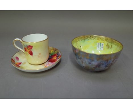 A Royal Worcester fruit decorated coffee cup and saucer by Kitty Blake, signed, (cup 6cm high), and a Wedgwood lustreware bow