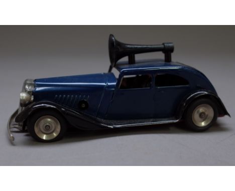 A Triang Mini traffic control car No29m, blue body, black running boards with single speaker to roof and two figures to inter