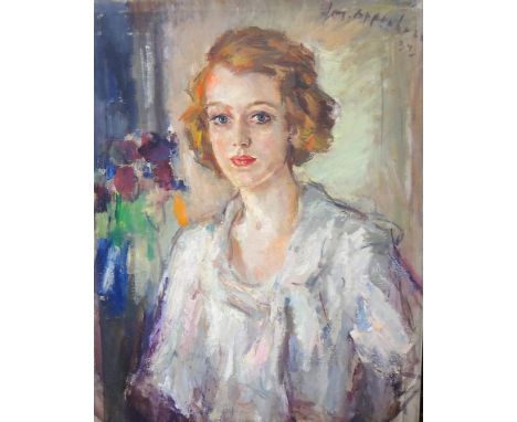 Josef Oppenheimer (1876-1966), Portrait of a young girl, oil on canvas, signed and dated 34, indistinctly inscribed Constance